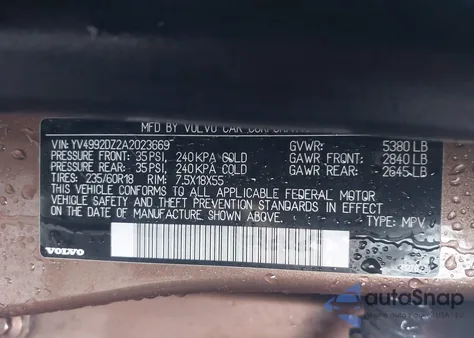 2010 Volvo Xc60 T6/T6 R-Design from USA, damaged, VIN YV4992DZ2A2023669